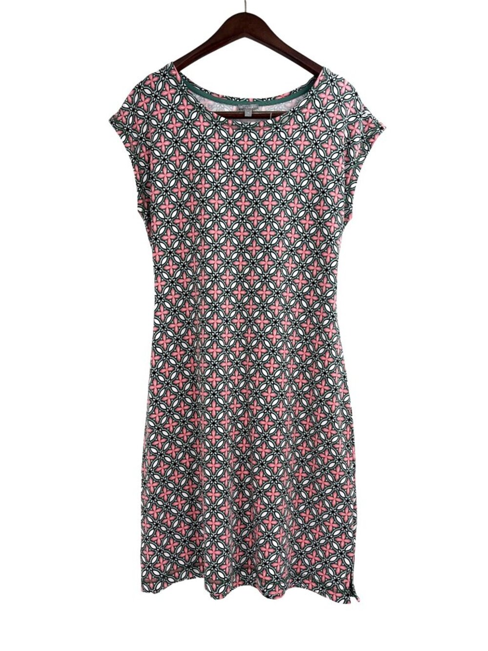 T By Talbots Womens Medium Pullover Dress Geometric Pink Teal Waist Tie Casual